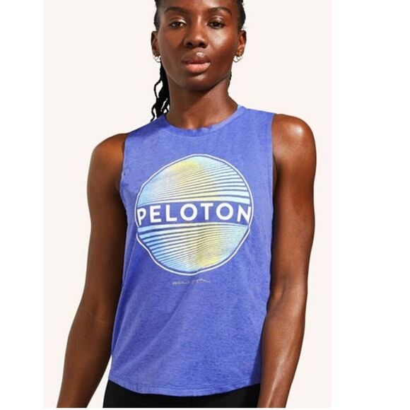 SPIRITUAL GANGSTER X PELOTON WOMEN’S MUSCLE TEE IN BLUE SZ M - Picture 1 of 5
